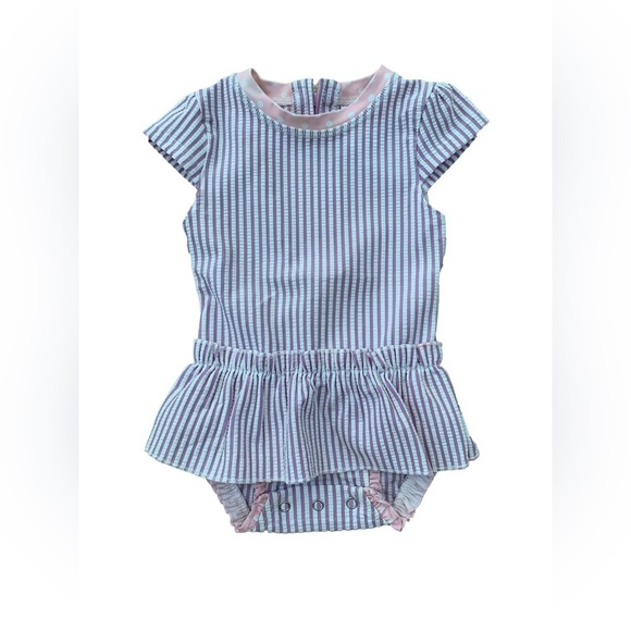 RuffleButts Size 6-12 Months Purple and White Striped Seersucker Peplum Swimsuit - Picture 1 of 5